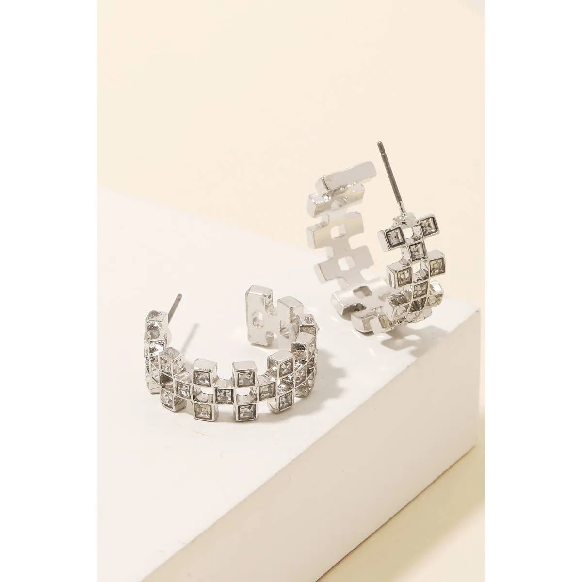 Silver Checkered Rhinestone Squares Hoop Earrings
