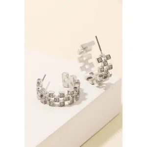 Silver Checkered Rhinestone Squares Hoop Earrings