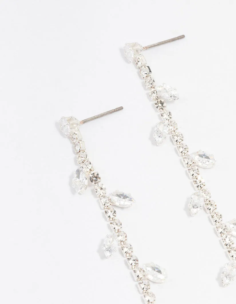 Silver Diamante Leaf Cup Chain Drop Earrings
