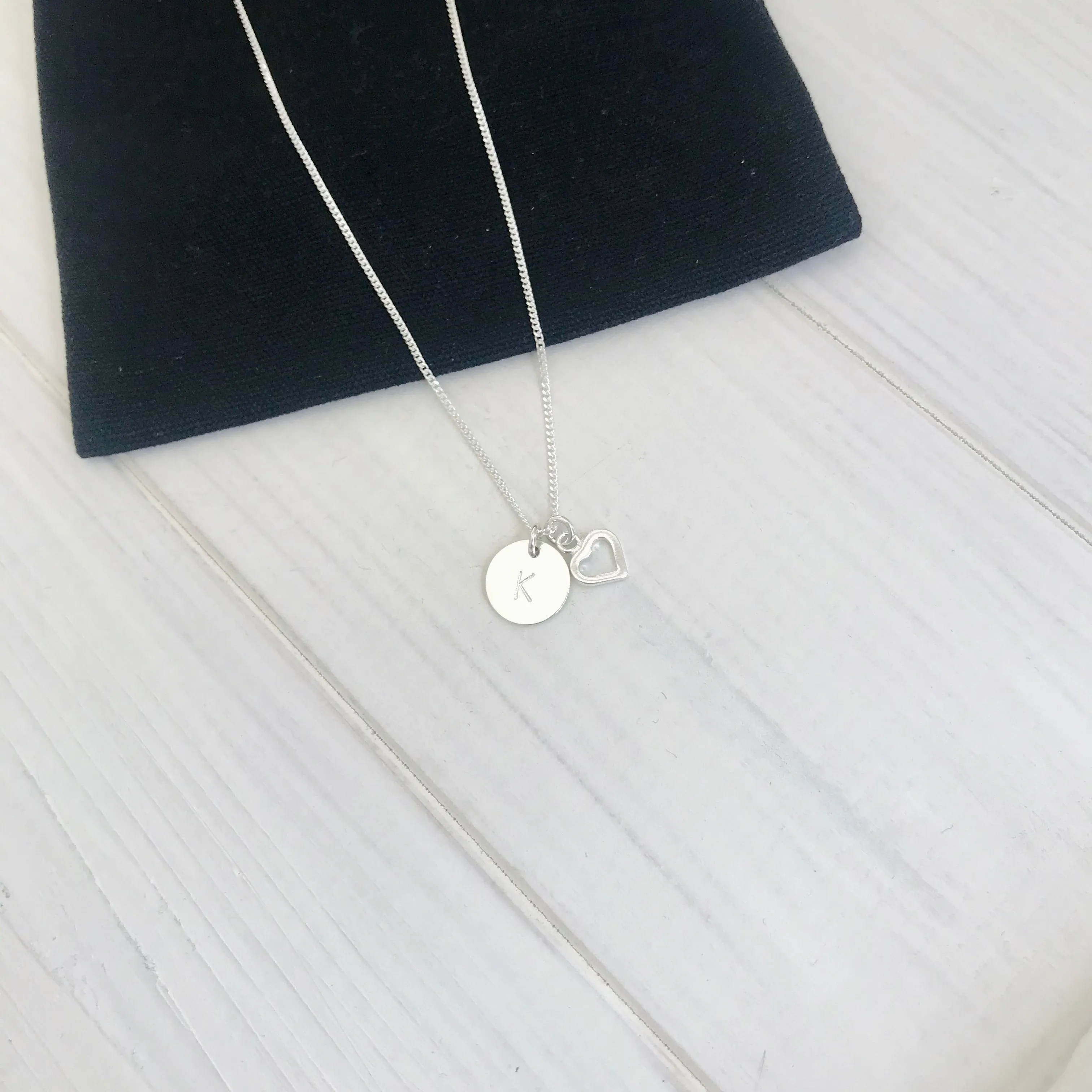 Silver Initial Disc and Heart Necklace