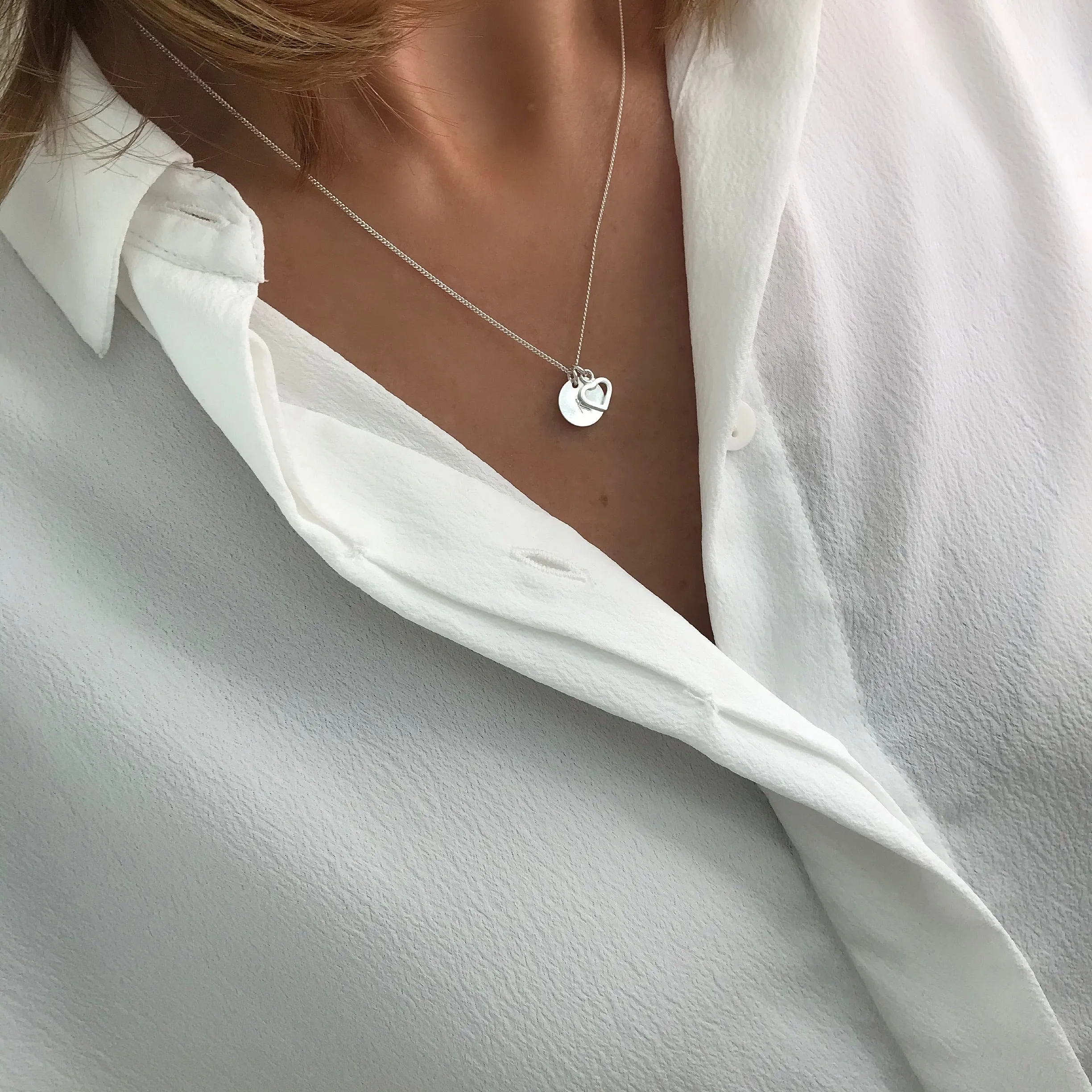 Silver Initial Disc and Heart Necklace