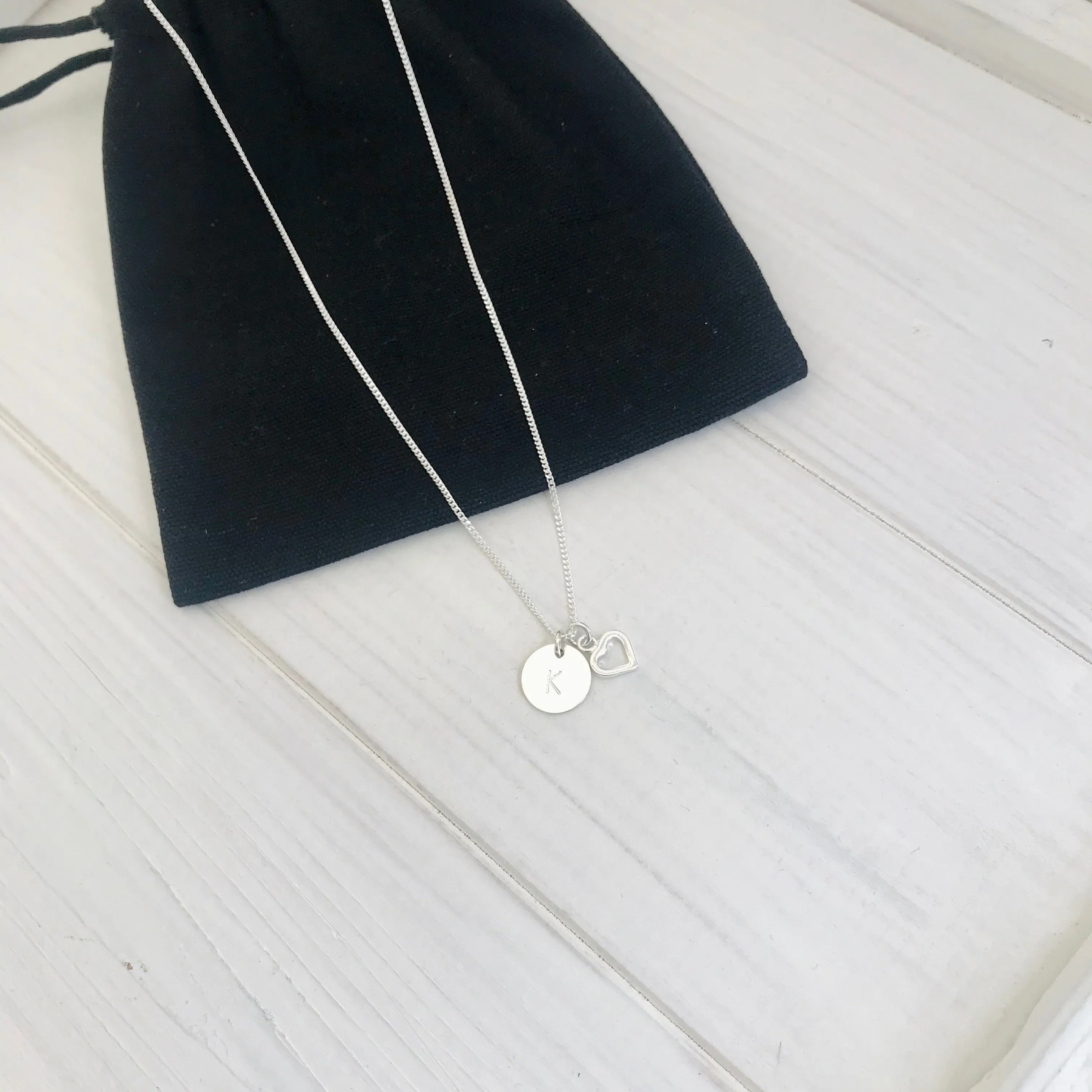 Silver Initial Disc and Heart Necklace