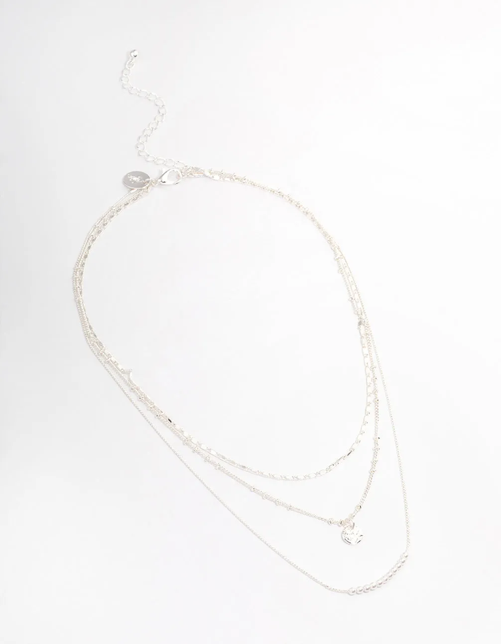 Silver Plated Fine Triple Layered Beaded Disc Necklace