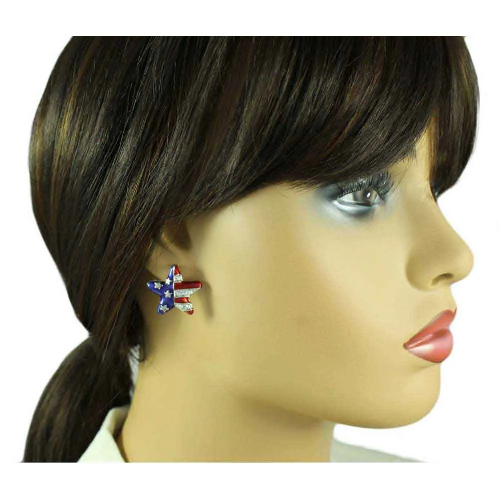 Silver Red White Blue Patriotic Star Pierced Earring - PRF154SE