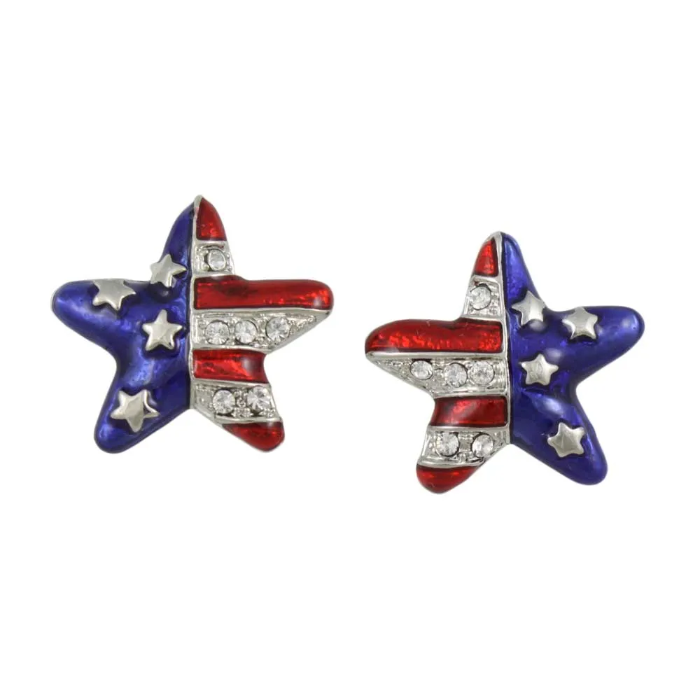 Silver Red White Blue Patriotic Star Pierced Earring - PRF154SE