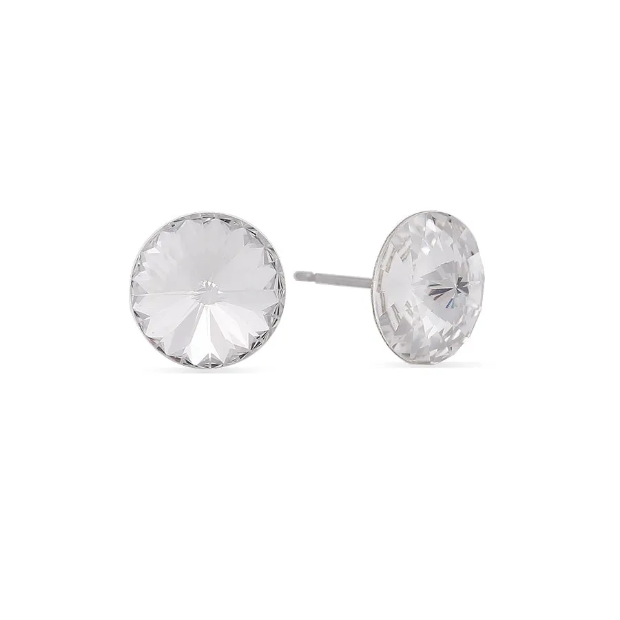 SILVER-TONE WHITE ROUND CRYSTAL EARRINGS  #ME-47SS-01-CL (OB2)