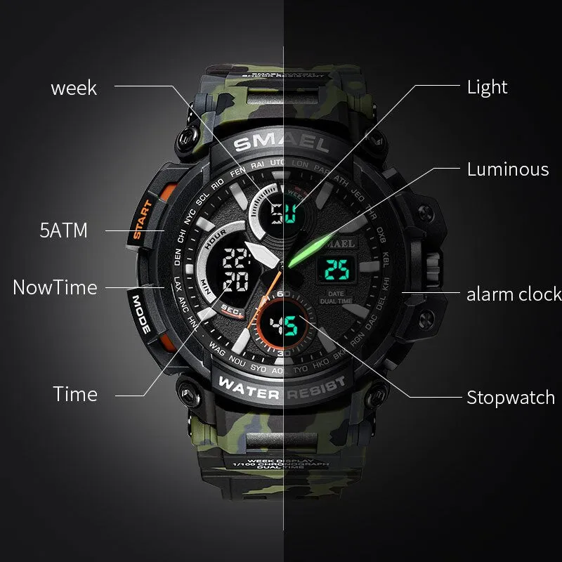 SMAEL Camouflage Military Watch Men Waterproof Dual Time Display Mens Sport Wristwatch Digital Analog Quartz Watches Male 1708