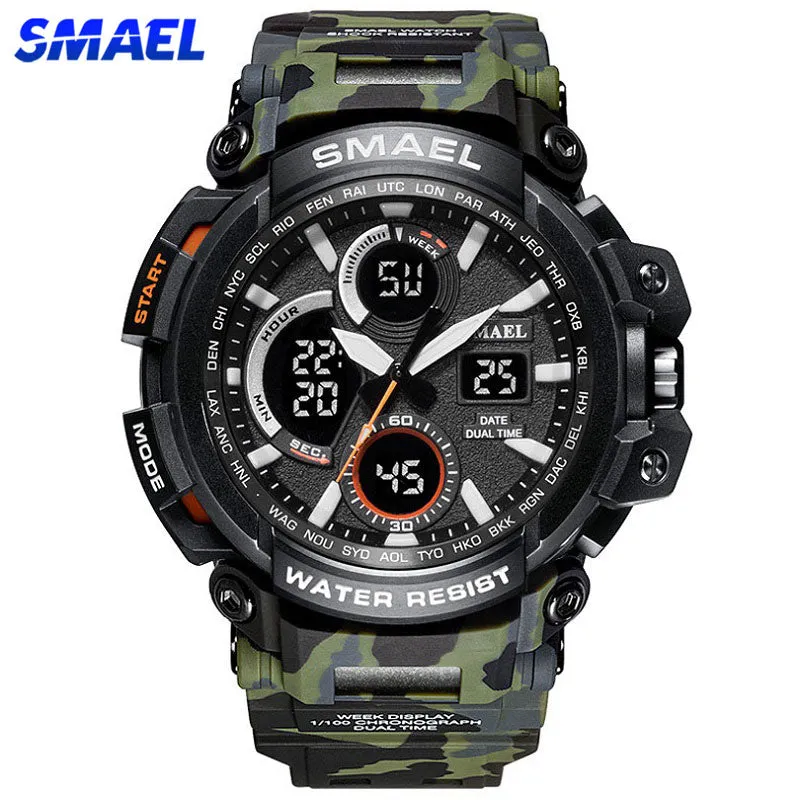 SMAEL Camouflage Military Watch Men Waterproof Dual Time Display Mens Sport Wristwatch Digital Analog Quartz Watches Male 1708