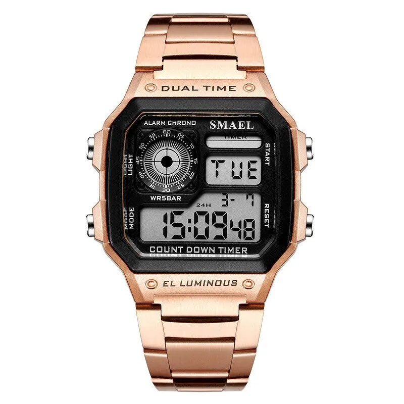 SMAEL Fashion Men&#39;s Sports Watch Square LED Digital Watches Male Stainless Steel Waterproof Wristwatches Clock Relogio Masculino