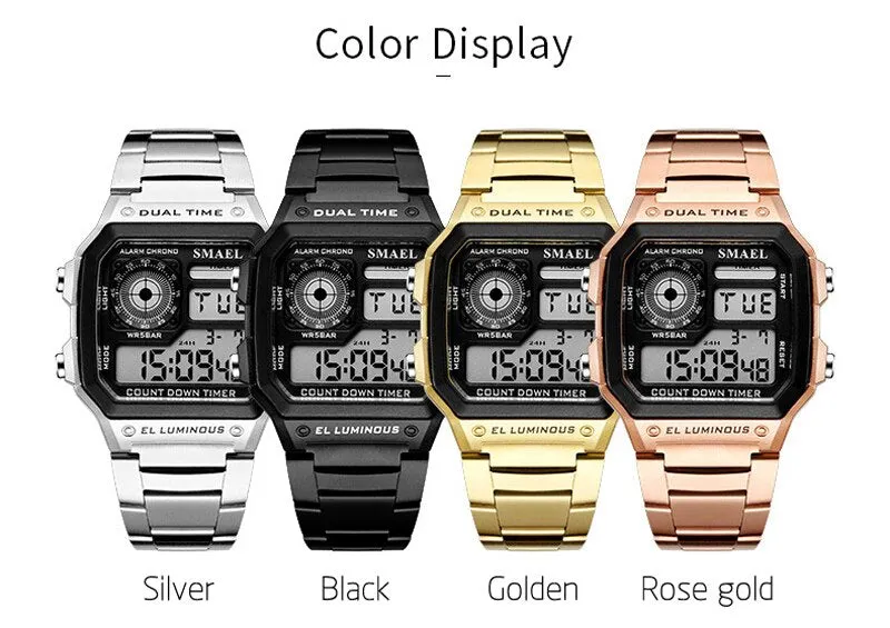 SMAEL Fashion Men&#39;s Sports Watch Square LED Digital Watches Male Stainless Steel Waterproof Wristwatches Clock Relogio Masculino