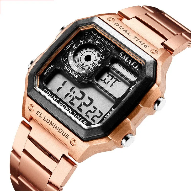 SMAEL Fashion Men&#39;s Sports Watch Square LED Digital Watches Male Stainless Steel Waterproof Wristwatches Clock Relogio Masculino