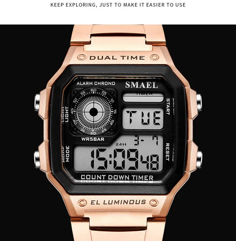 SMAEL Fashion Men&#39;s Sports Watch Square LED Digital Watches Male Stainless Steel Waterproof Wristwatches Clock Relogio Masculino