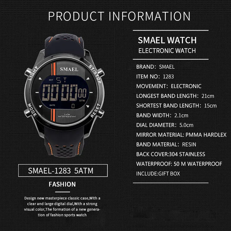SMAEL LED Digital Wristwatches Silicone Watch Blue Casual Men Outdoo Sports Running Fashion Cool Electronic Watches Man Clock