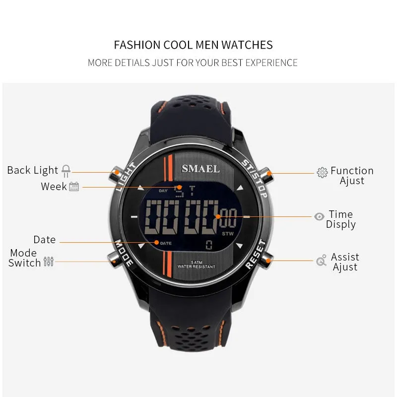 SMAEL LED Digital Wristwatches Silicone Watch Blue Casual Men Outdoo Sports Running Fashion Cool Electronic Watches Man Clock