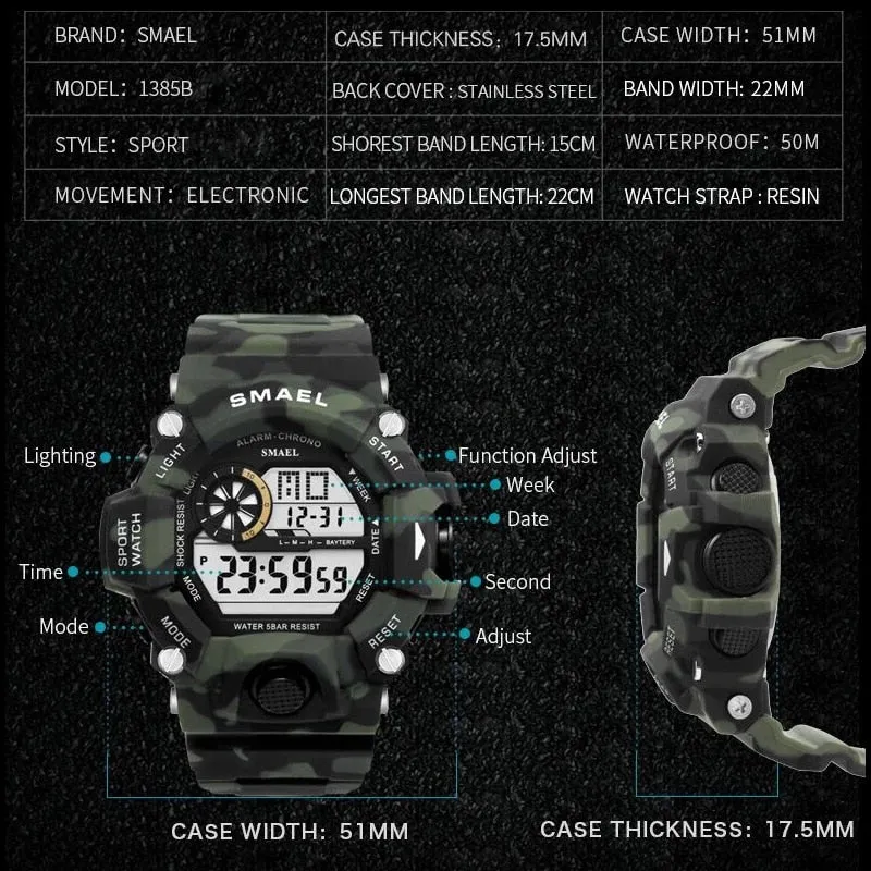 SMAEL Men Sports Digital Watch Waterproof LED Electronic Watches Men&#39;s Timing Week Display Alarm Clock Male Sport Wrist Watch