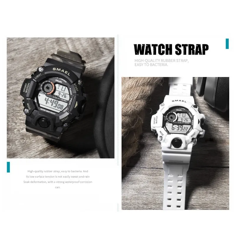 SMAEL Men Sports Digital Watch Waterproof LED Electronic Watches Men&#39;s Timing Week Display Alarm Clock Male Sport Wrist Watch
