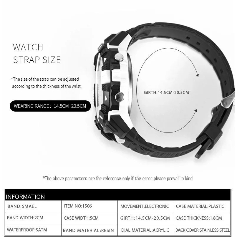 SMAEL Men Sports Watches Digital LED Light Watch Mens Military Watches Top Brand Luxury Electronic Wristwatches Relojes Hombre