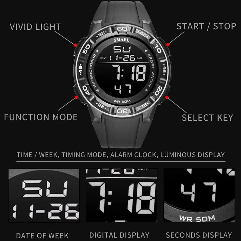 SMAEL Waterproof Mens Watches Top Luxury Brand Digital Sport Watch for Men Silicone Strap Military Date Wrist Watch Male Clock