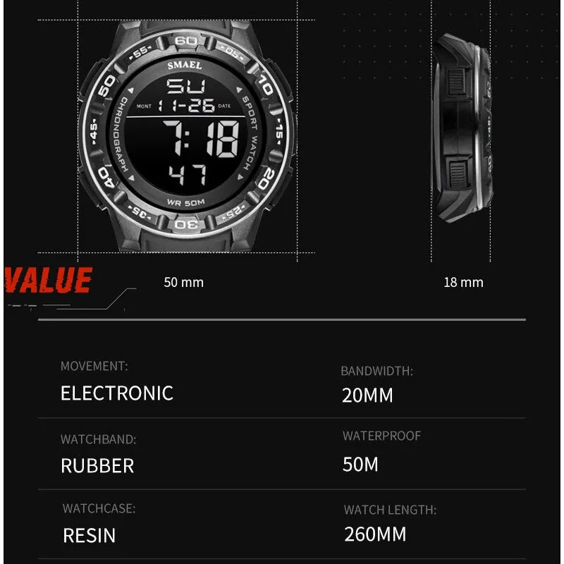SMAEL Waterproof Mens Watches Top Luxury Brand Digital Sport Watch for Men Silicone Strap Military Date Wrist Watch Male Clock