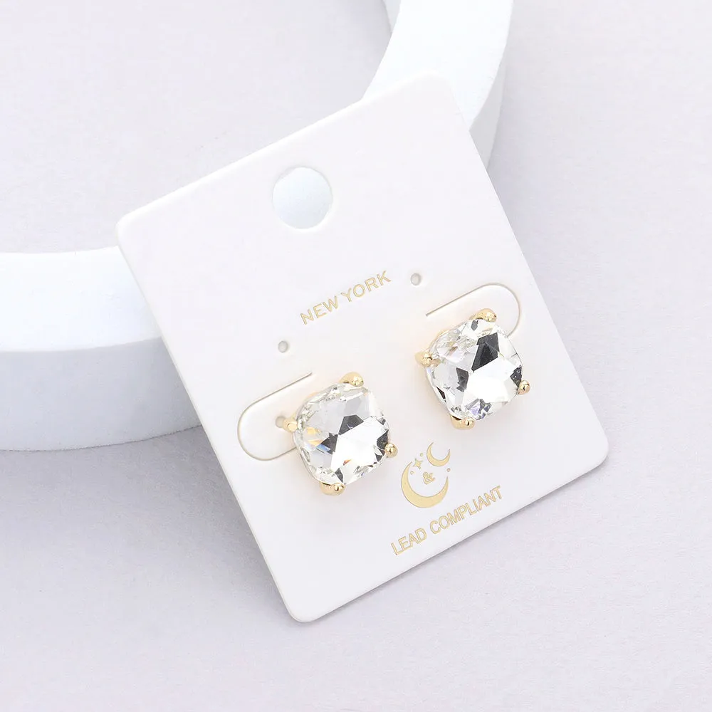 Small Clear Cushion Square Stud Pageant Earrings on Gold | Interview Earrings | 610126