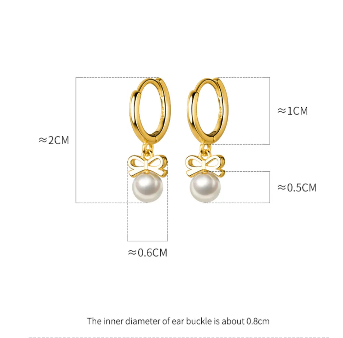 Small Pearl w/ Bow Drop Huggie Earrings-SH053