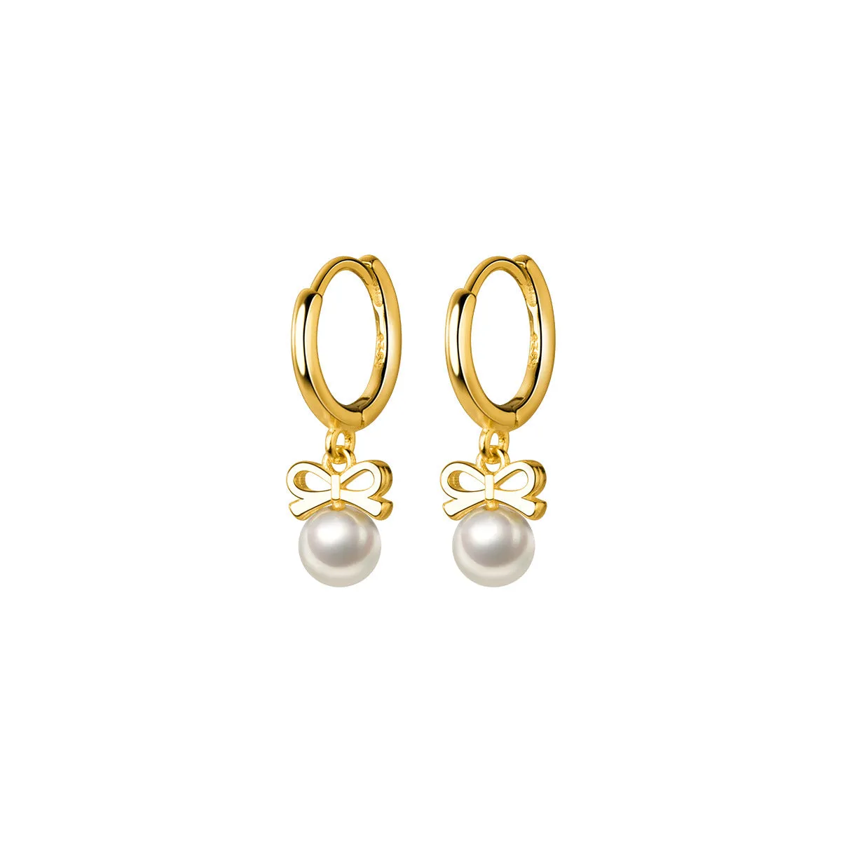 Small Pearl w/ Bow Drop Huggie Earrings-SH053
