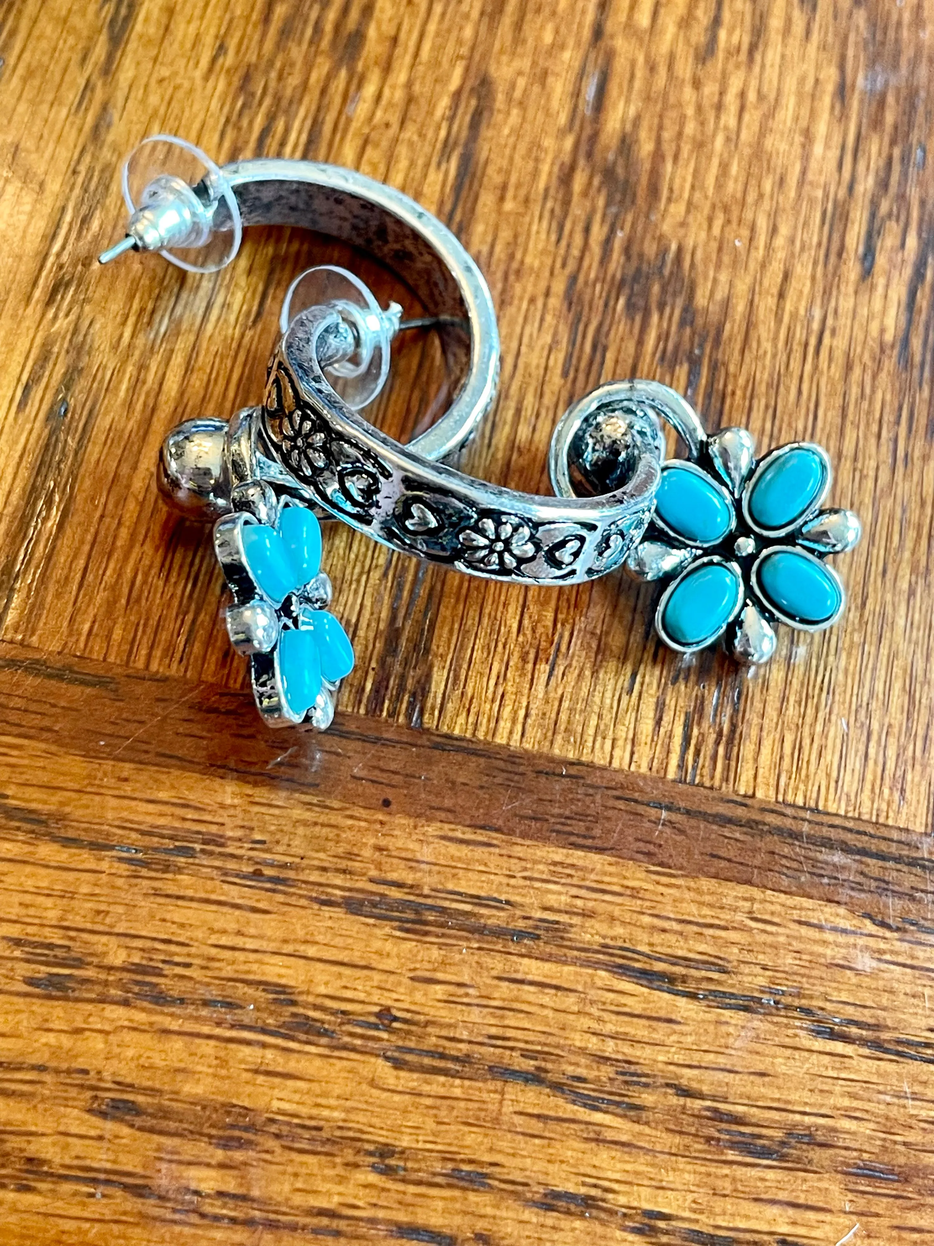 Sophora Stamped Stone Hoop Earrings with Flower Charm - 2"