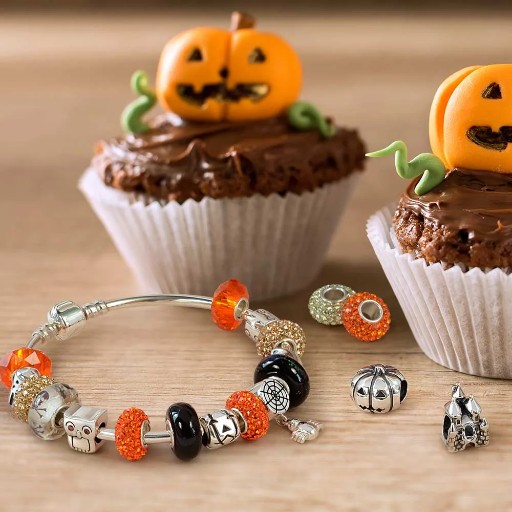 Spooky Halloween Pumpkin Charm Bead in Oxidized Sterling Silver for Bracelets