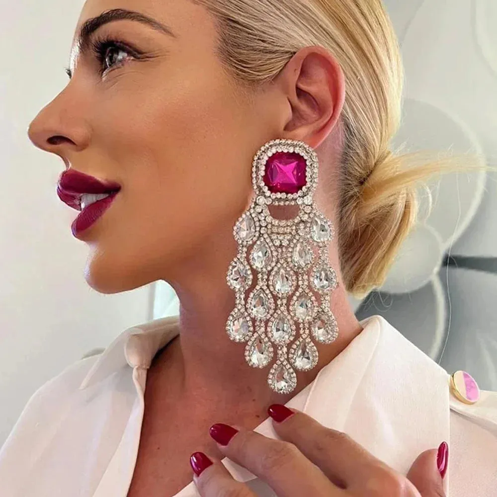 Square Crystal Large Tassel Earrings