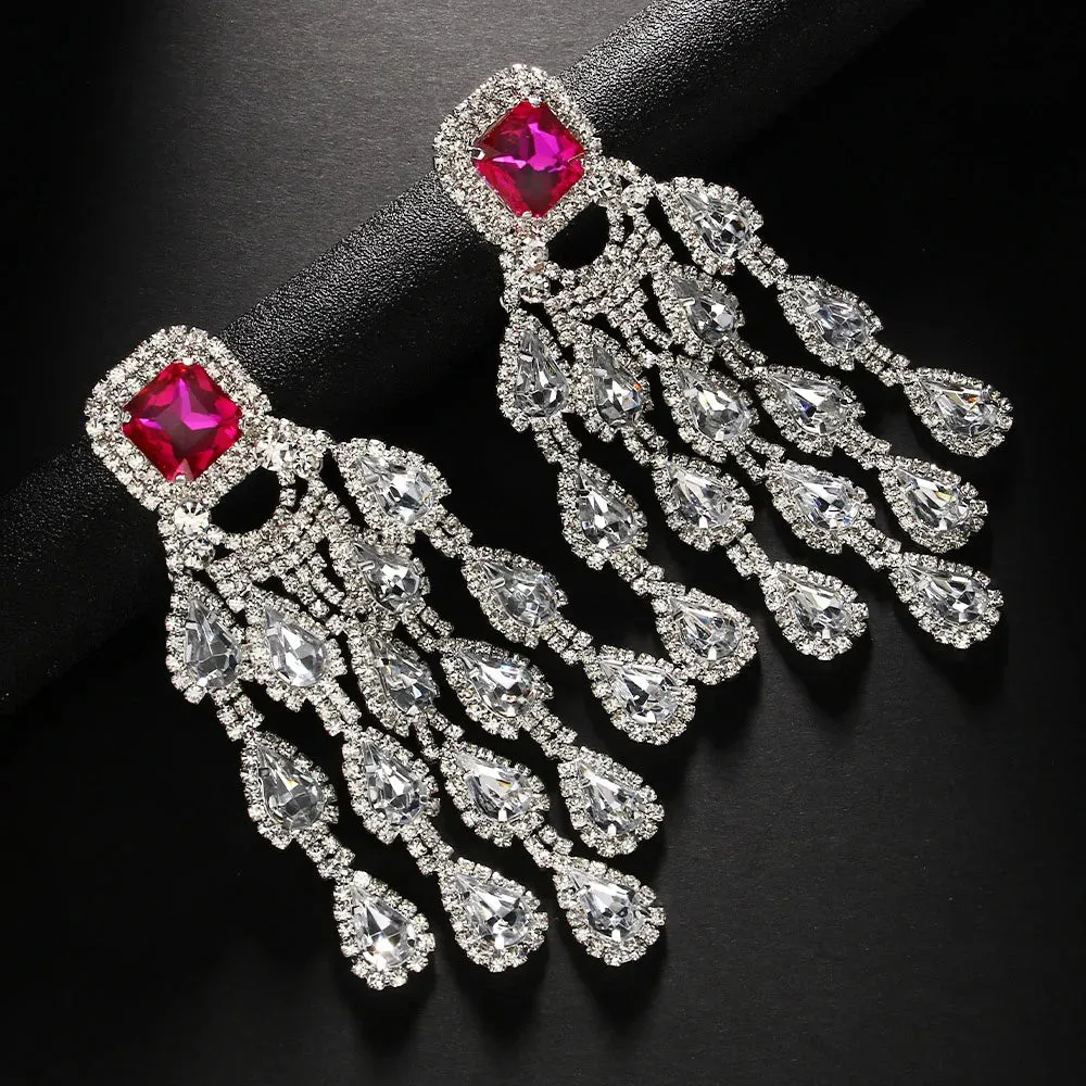 Square Crystal Large Tassel Earrings