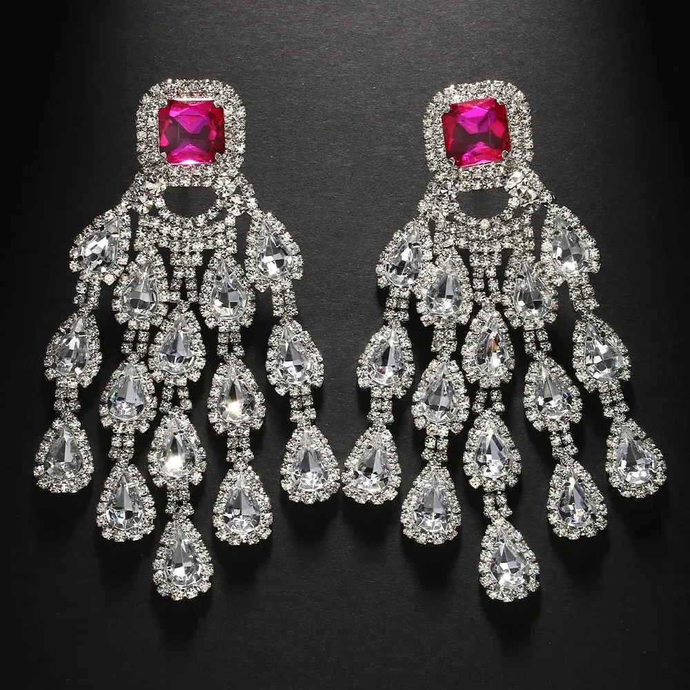 Square Crystal Large Tassel Earrings