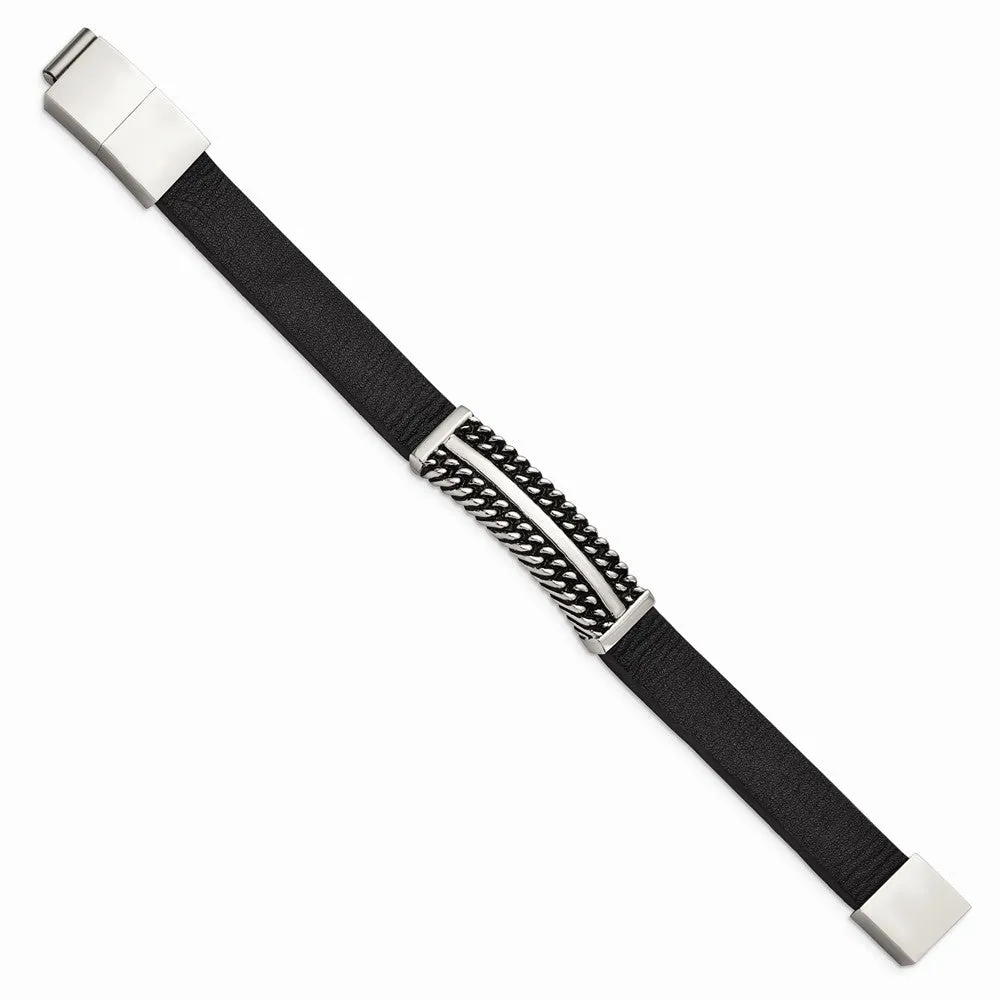 Stainless Steel Antiqued & Polished Black Leather w/.5in ext 8in Bracelet