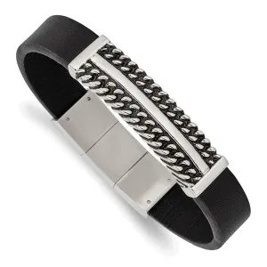 Stainless Steel Antiqued & Polished Black Leather w/.5in ext 8in Bracelet