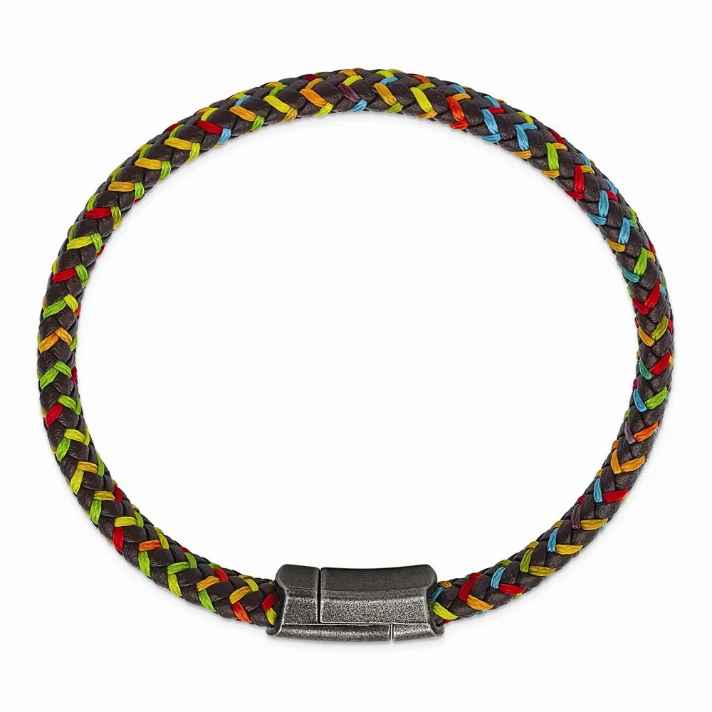 Stainless Steel Antiqued Brown Leather with Multi-colored Nylon Bracelet