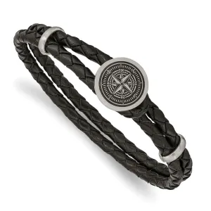 Stainless Steel Brushed Lasered Compass Black Leather 8.5in Bracelet
