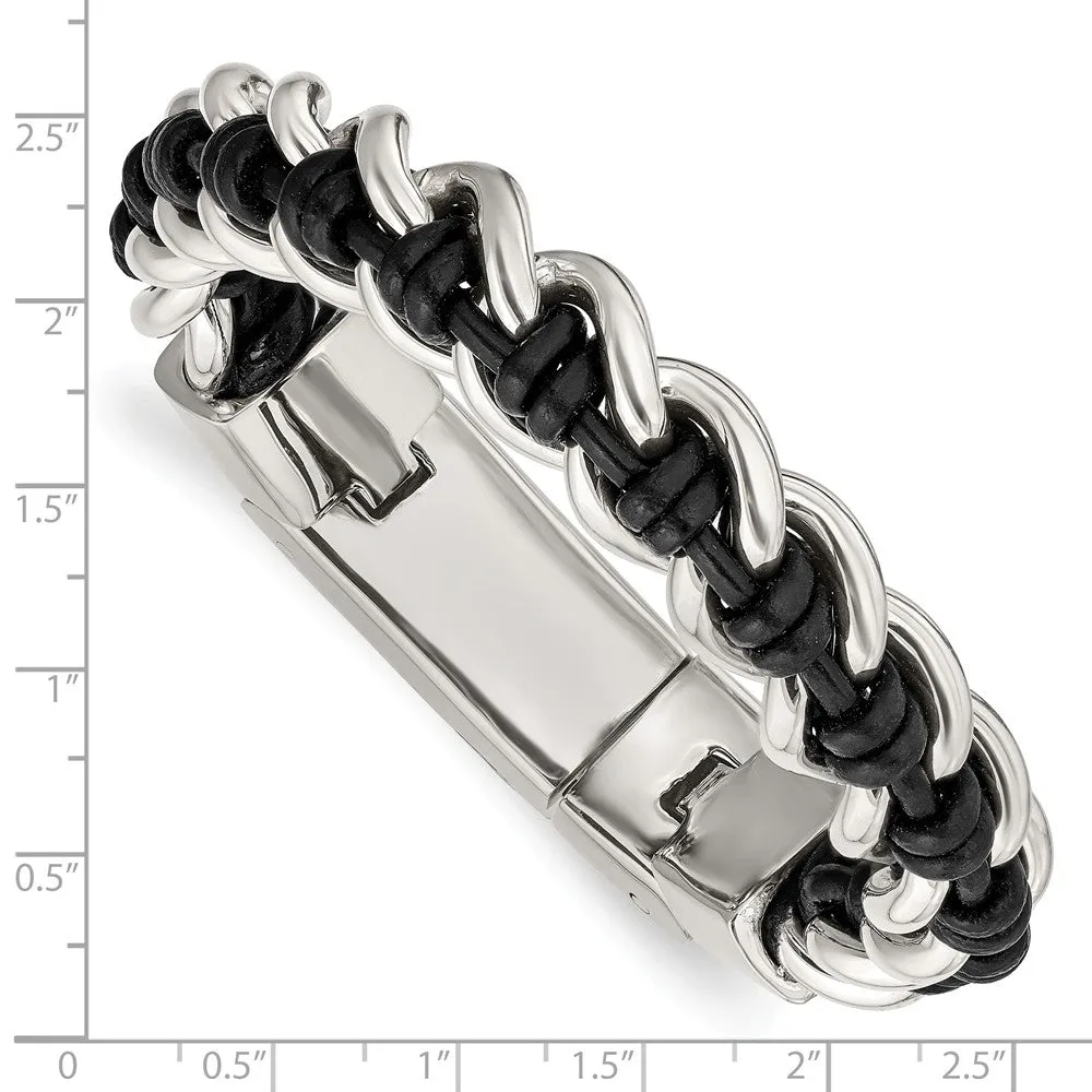 Stainless Steel Polished Black Leather 8.5in Bracelet