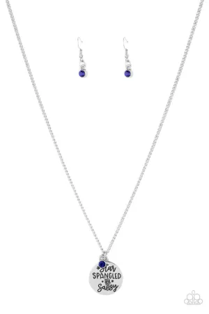 Star-Spangled Sass Patriotic Engraved Silver Blue Rhinestone Paparazzi Necklace