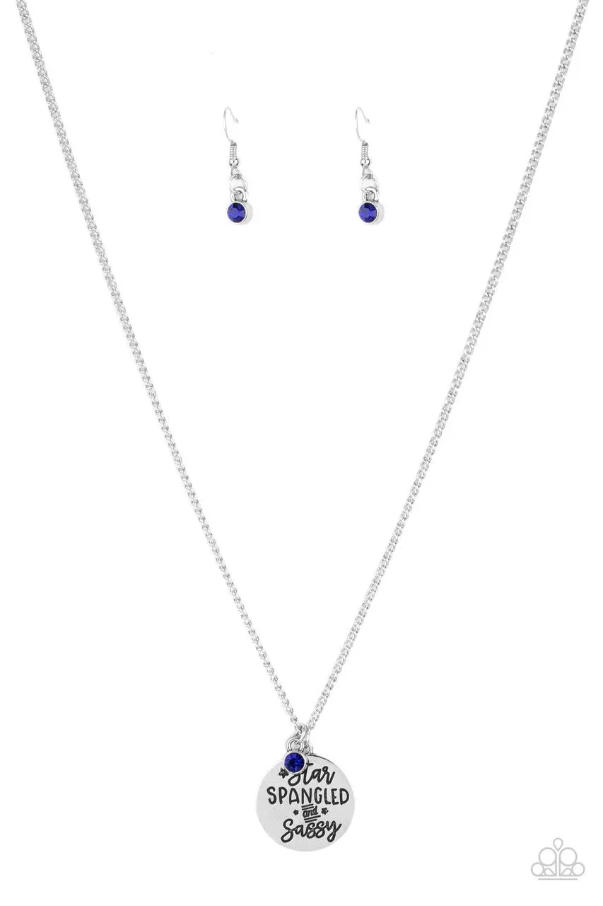 Star-Spangled Sass Patriotic Engraved Silver Blue Rhinestone Paparazzi Necklace