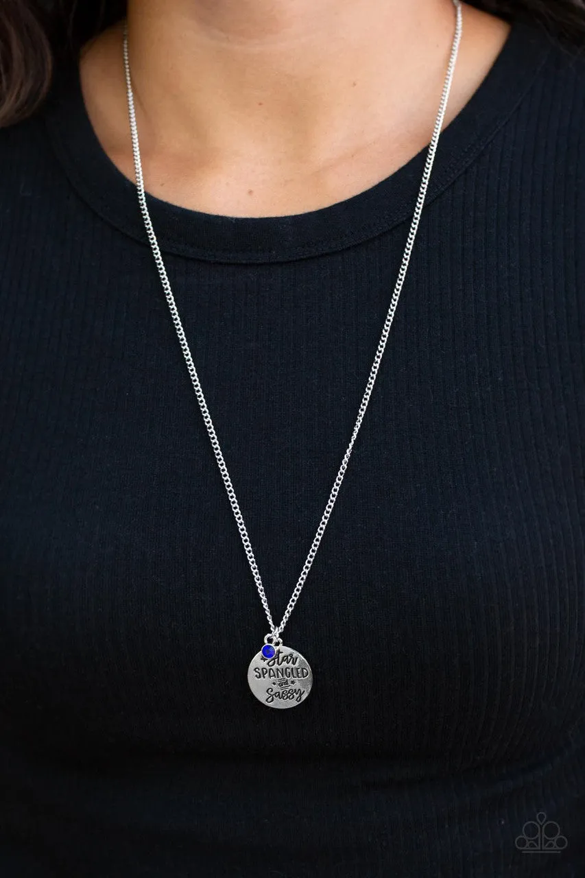 Star-Spangled Sass Patriotic Engraved Silver Blue Rhinestone Paparazzi Necklace