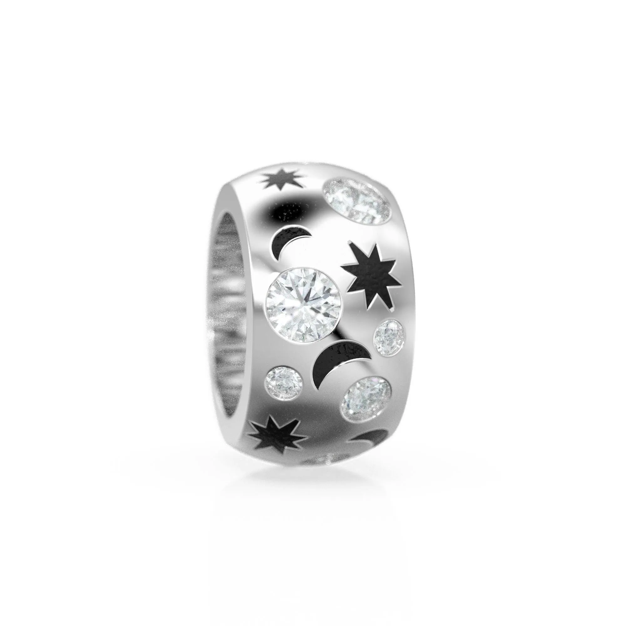 Stars 14K Large Solid Italian Gold Diamond Rondels, Charm Roundel, Diamond Enhancer Charm, Pave Moon Rondelle Spacer Pandora Compatible