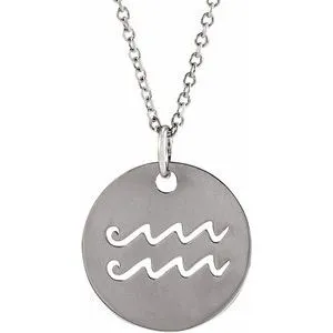 Sterling Silver Aquarius Zodiac Disc 16-18" Necklace
