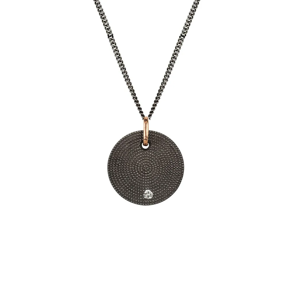 Sterling Silver Black Rhodium 20mm ANNA Textured Disc Pendant with One Diamond