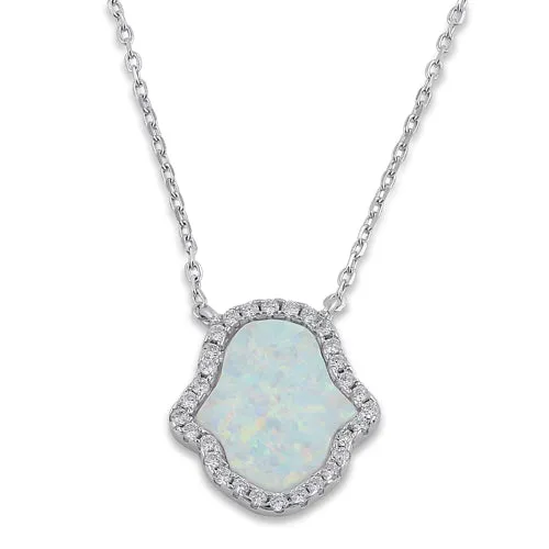 Sterling Silver Clear CZ and White Opal Hamsa Necklace