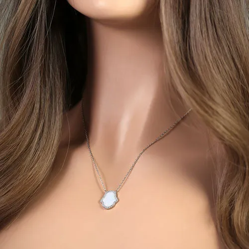 Sterling Silver Clear CZ and White Opal Hamsa Necklace
