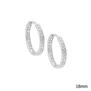Sterling Silver Cubic Zirconia Bead Set Single Row Inside and Out 18mm Hoop Earrings E312S