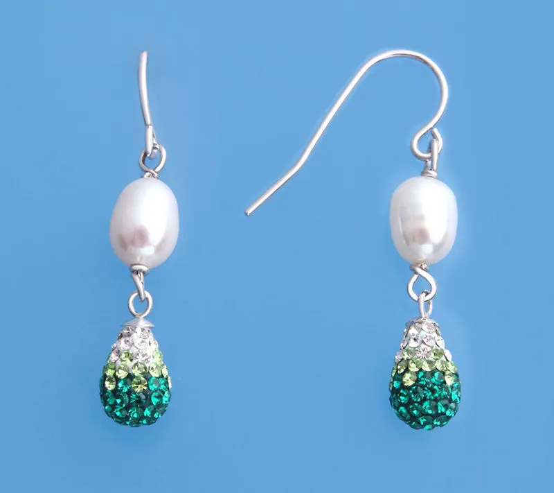 Sterling Silver Earrings with 6-6.5mm Oval Shape Freshwater Pearl and Crystal Ball