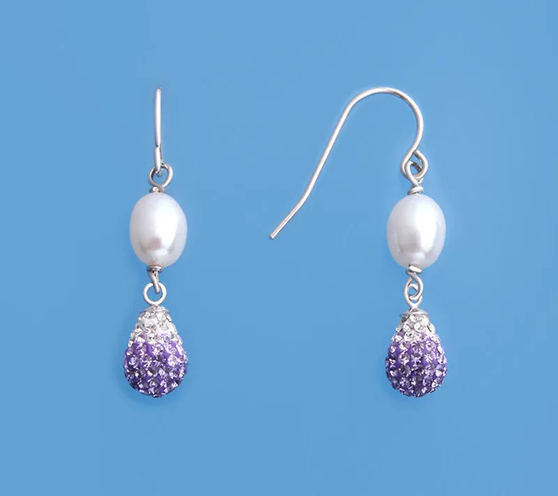 Sterling Silver Earrings with 6-6.5mm Oval Shape Freshwater Pearl and Crystal Ball