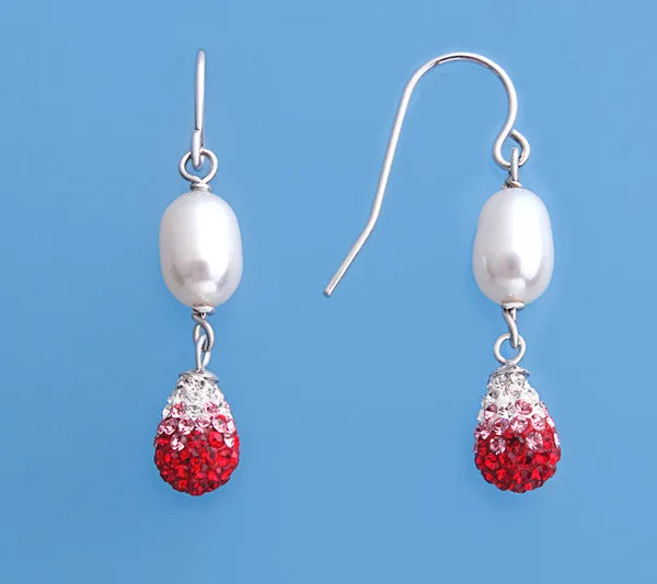 Sterling Silver Earrings with 6-6.5mm Oval Shape Freshwater Pearl and Crystal Ball