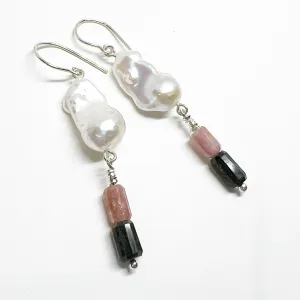Sterling silver  Earrings with baroque pearls and tourmaline