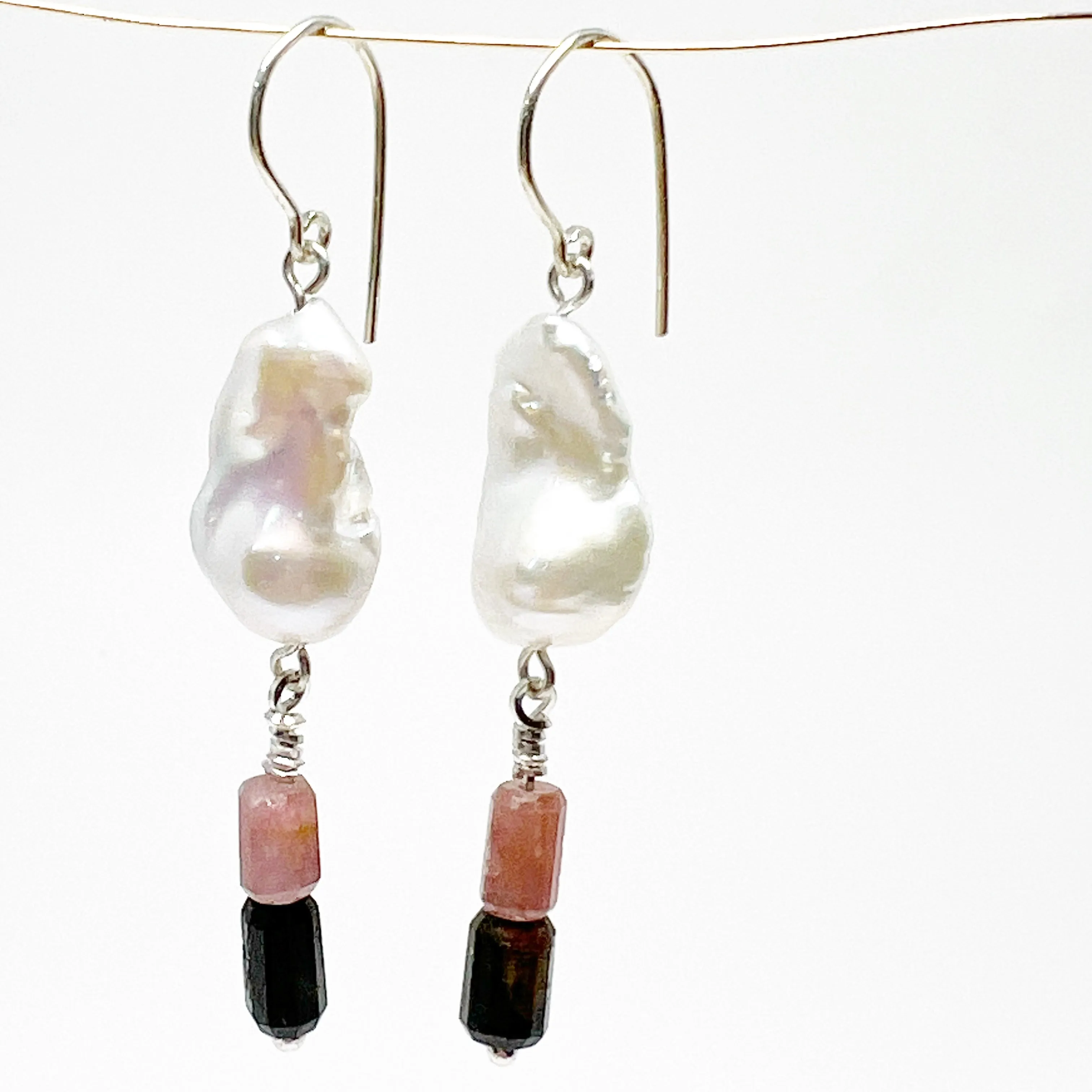 Sterling silver  Earrings with baroque pearls and tourmaline